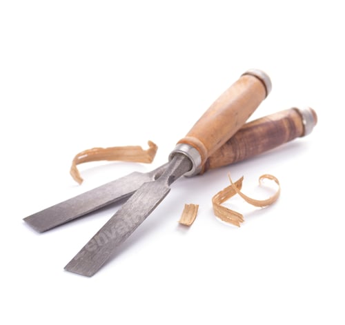 Preview: Woodworking carpenter chisel tool and wood shavings isolated at white background