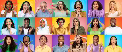 Preview: Multiethnic people showing diverse positive and negative emotions over colorful backgrounds