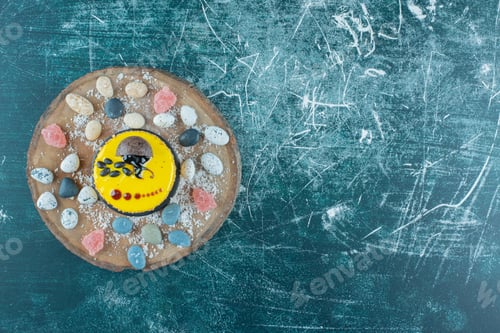Preview: Scattered candy rocks around a yellow cake on a board on blue background