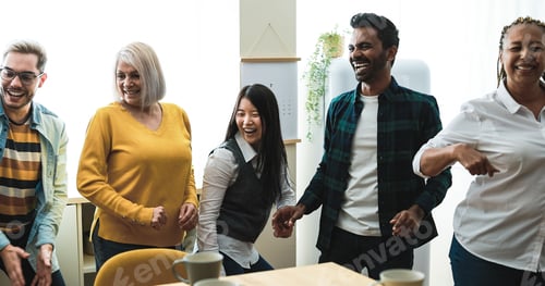 Preview: Multiracial happy friends having fun dancing at home kitchen - Focus on asian girl face
