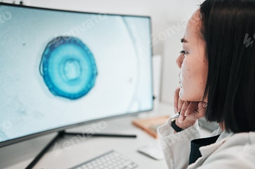 Preview: Computer, screen and Asian woman in laboratory for website, innovation and medical research. Health