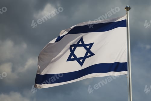 Preview: Waving colourful flag of Israel against cloudy sky. Highly detailed fabric texture