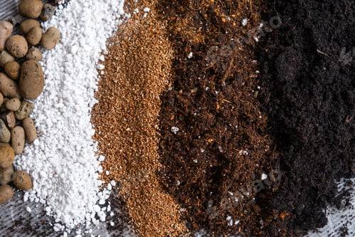 Preview: Ingredients for the soil of home potted plants, peat, earth, sand, perlite, vermiculite, coconut. A