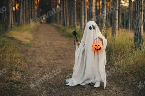 Preview: Girl wearing ghost costume holding pumpkin bucket with candies, standing in a forest.