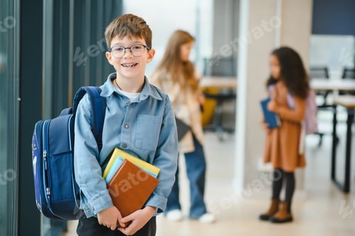 Preview: Schoolboy with schoolbag and books in the school. Back to school
