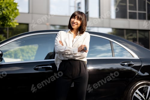 Preview: Portrait of business woman in front of a luxury car outdoors