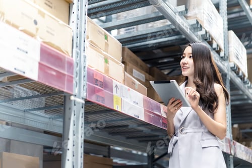 Preview: Smart smiling Asian woman works in storage warehouse.