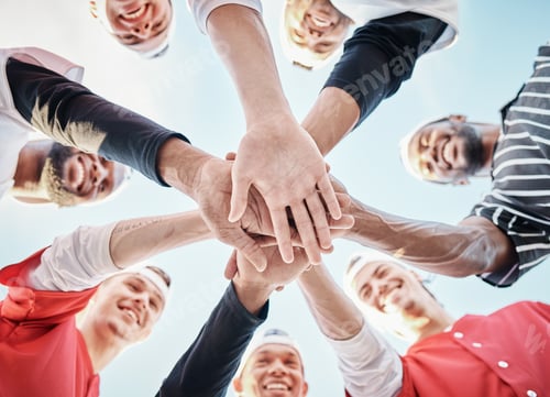 Preview: Hands, baseball motivation or sports men in huddle with support, hope or faith on field in fun game