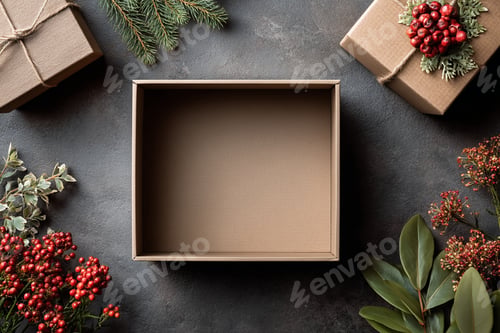 Preview: christmas gift flat lay-Festive open gift box surrounded by natural decorations, seasonal concept