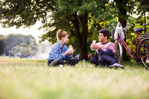Preview: Young couple eating lunch at garden