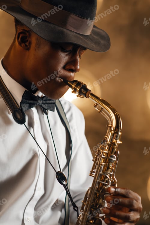 Preview: Saxophone Player in Performance with Hat and Bowtie