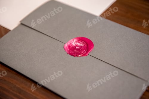 Preview: Closeup shot of a wedding invitation in a grey envelop with a pink stamp