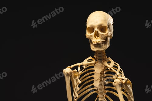 Preview: Plastic skeleton with copy space on black background