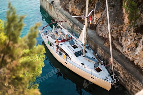 Preview: High angle portrait of man waving from yacht, Croatia