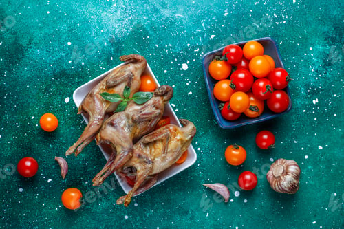 Preview: Delicious fried quail with herbs and cherry tomatoes.