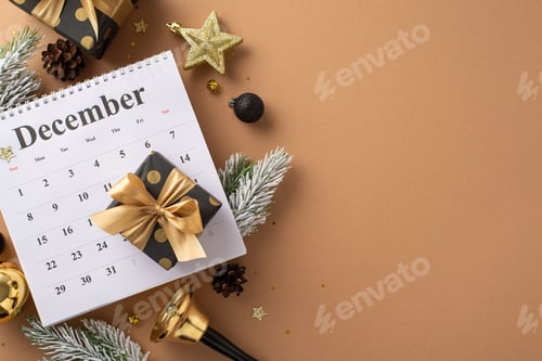 Preview: Counting down to New Beginnings: top-view of December calendar, lavish gift boxes