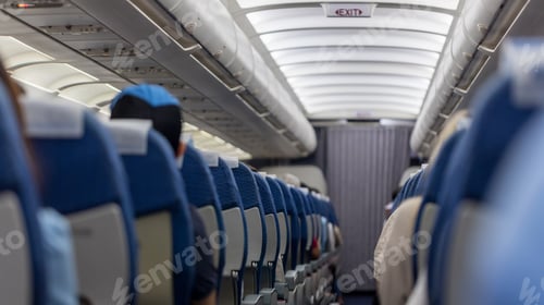 Preview: Passenger seat. Interior of airplane with passengers sitting on seats.