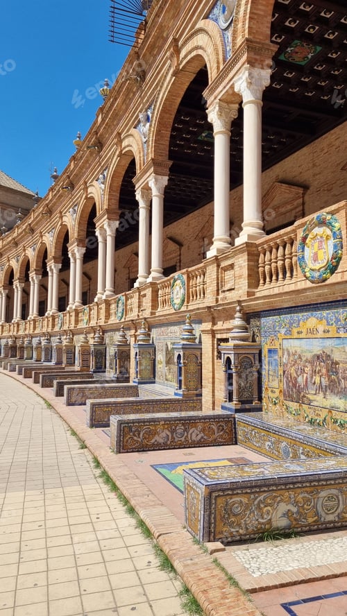 Preview: Ornate walls with rows of arches of the Plaza de Espana. Seville, Spain.