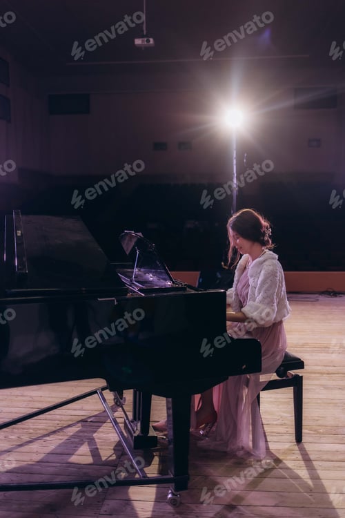 Preview: Stage, concert and back of woman with piano for performance, entertainment and talent show.