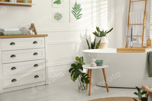 Preview: Stylish bathroom interior with green plants. Home design