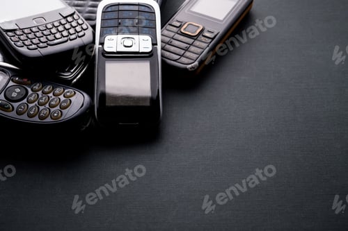 Preview: Old and obsoleted cellphones on a black background.
