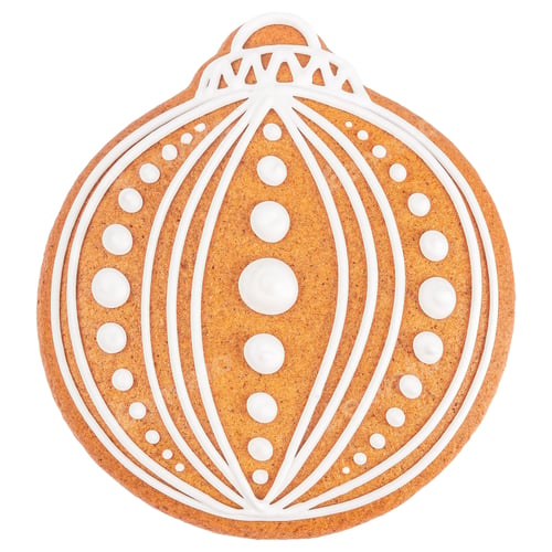 Preview: Christmas ornament shaped gingerbread cookie decorated with white icing isolated