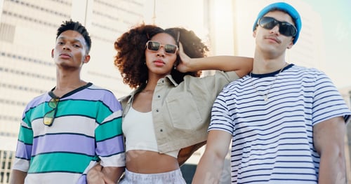 Preview: Cool, streetwear and friends in city with fashion in summer for urban, edgy or trendy style togethe