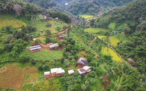 Preview: Aerial view from drone of the rural village in the mountains