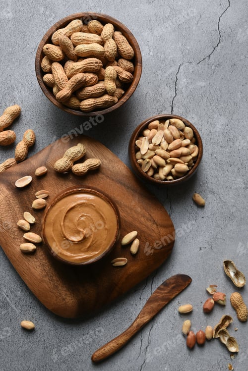 Preview: Peanut Butter and Peanuts in Wooden Bowls