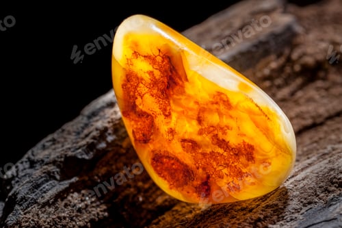 Preview: Natural amber. A piece of yellow opaque natural amber on large piece of dark stoned wood