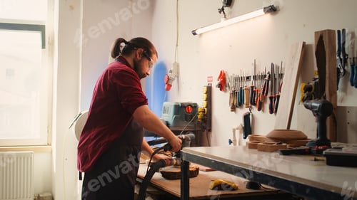 Preview: Man wearing protective equipment while using angle grinder to sander plank