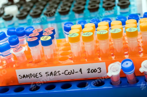 Preview: Vials with samples of SARS-COV-1 in a research laboratory, conceptual image