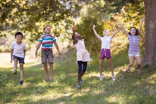 Preview: Friends jumping on grassy field in forest