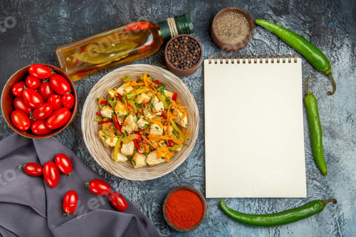 Preview: top view vegetable chicken salad with tomatoes on a light desk meat meal salad food