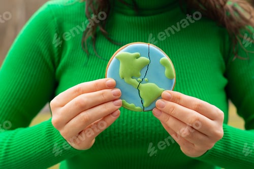 Preview: Broken cookies in the shape of the earth. Earth Day concept. Environmental problem.