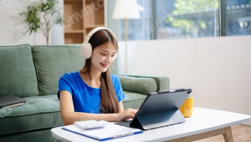 Preview: Woman using laptop checking email news online sitting on sofa, working on computer