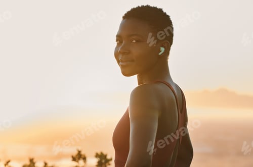 Preview: Portrait, black woman and fitness training with music, healthy workout or exercise in sunset. Afric