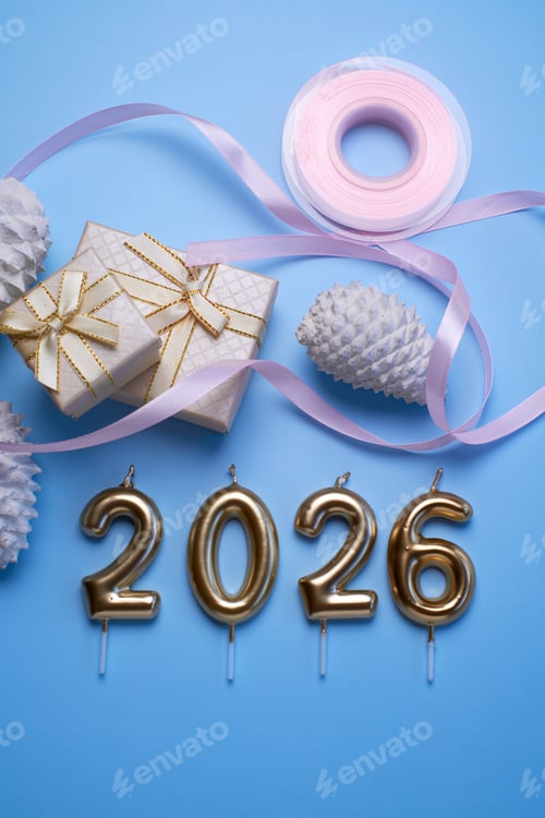 Visualização: Configuração de celebração com velas douradas e decorações festivas para o Ano Novo