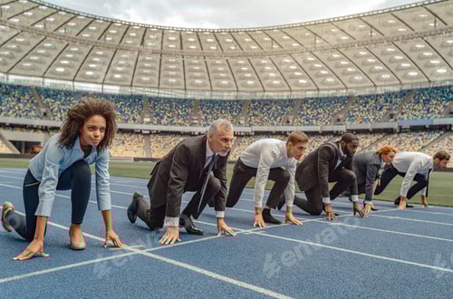 Preview: Business people standing ready for run sprint competition on race track