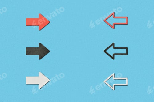 Preview: top view of opposite horizontal red, white and black arrows on blue background