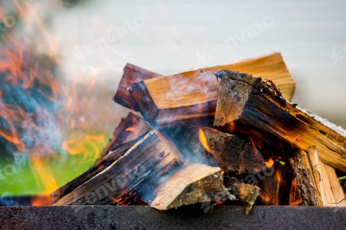 Preview: Brightly burning in metal box firewood for barbecue outdoor. Camping, safety and tourism concept.