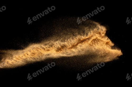 Preview: Dry river sand explosion.Brown color sand splash against black background.