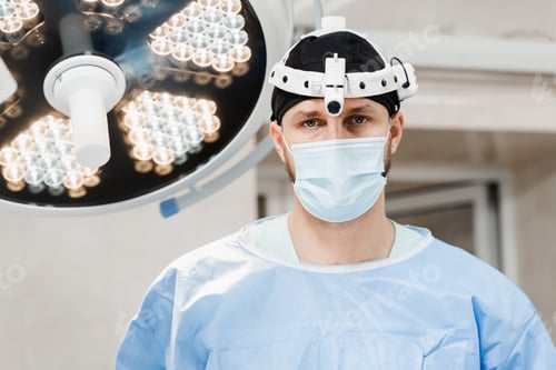 Preview: Male surgeon portrait with headlight in operating room before surgery in medical clinic