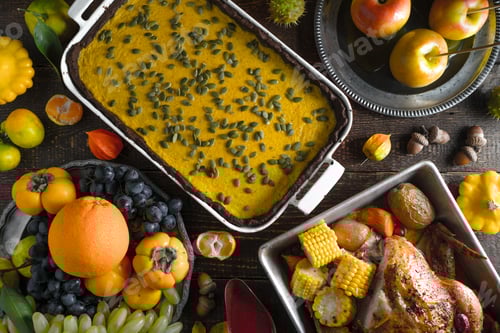 Preview: Chocolate pumpkin pie, turkey, vegetables and fruits