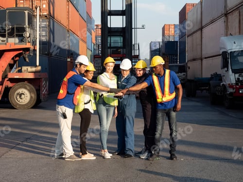 Preview: businessman male supervisor manager touch hand businesswoman female white yellow hardhat helmet safe