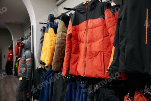 Preview: Winter sports outwear hanging coat hangers on clothing rack at shop