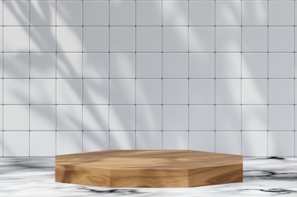 Preview: Wooden Octagon Podium on Marble Floor with Grey Tile Wall