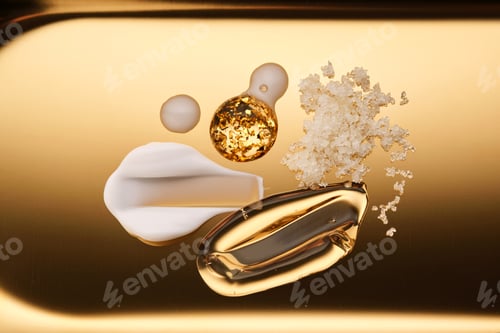 Preview: Textures of different cosmetic products on a gold background.
