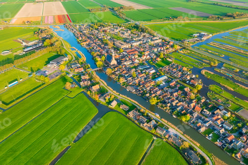 Preview: An aerial view of the village. Landscape from a drone in the Netherlands.