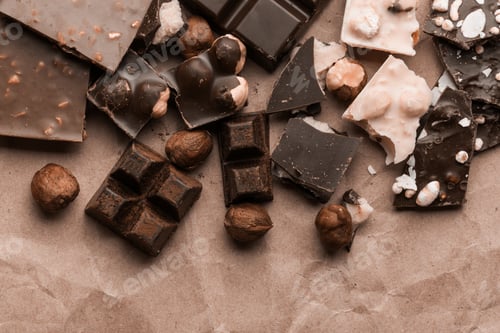 Vista previa: Variedad de bombones dulces de chocolate caseros sobre fondo de madera